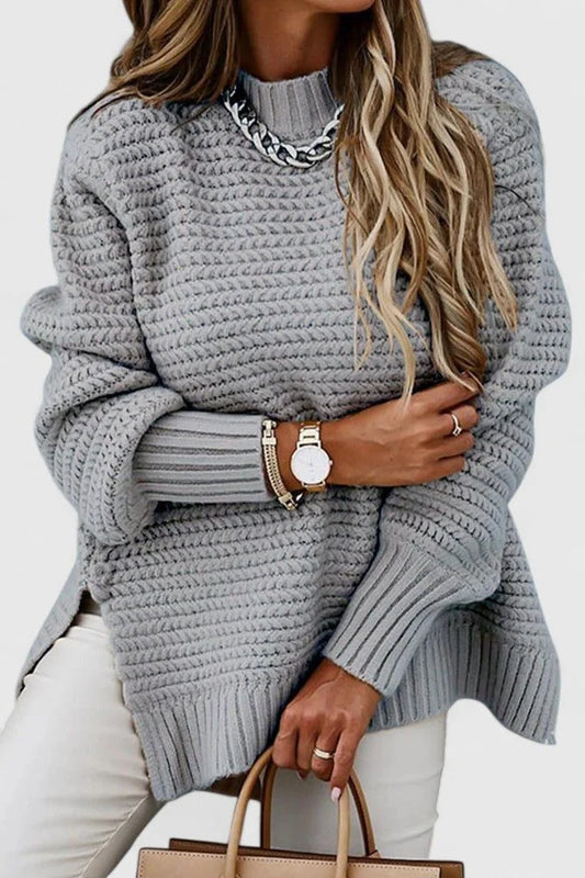 Women's ribbed knit sweater set with matching tie belt – Gray