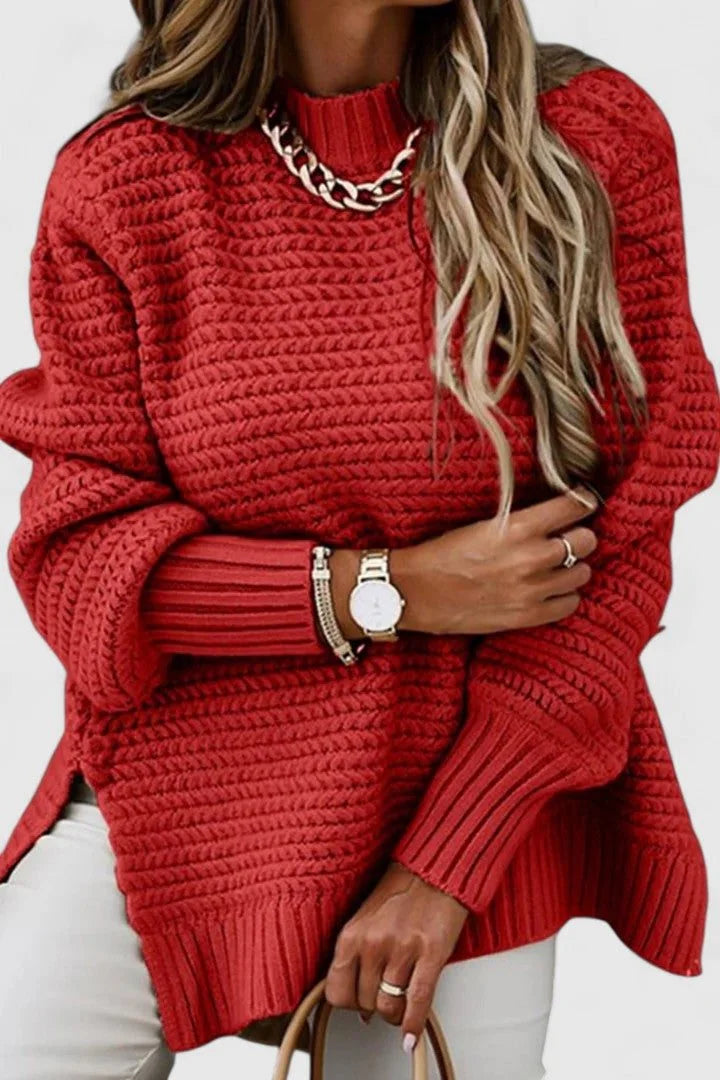 Women's ribbed knit sweater set with matching tie belt – Red