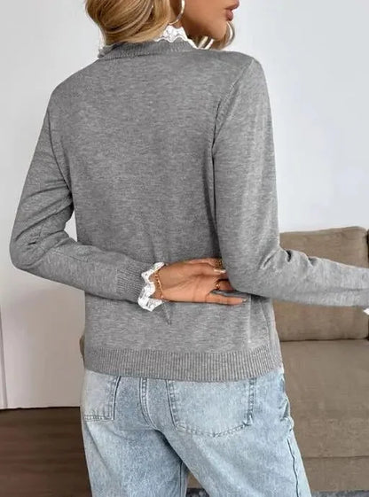 Women's ribbed knit crew neck sweater with long sleeves – Gray