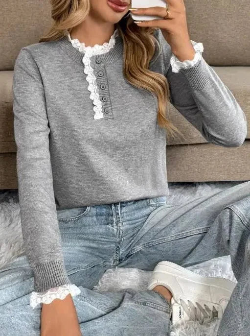 Women's ribbed knit crew neck sweater with long sleeves – Gray