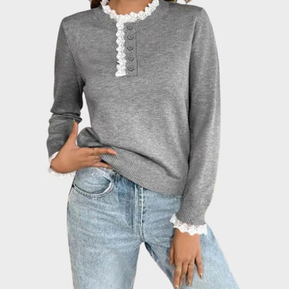 Women's ribbed knit crew neck sweater with long sleeves – Gray
