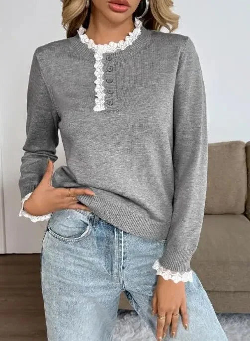 Women's ribbed knit crew neck sweater with long sleeves – Gray