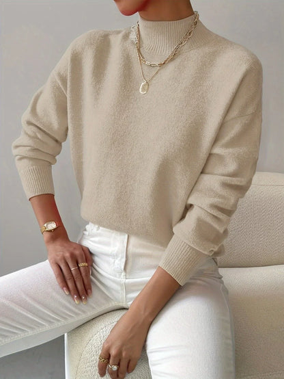 Women's ribbed knit sweater with roll neck and ribbed cuffs – Beige