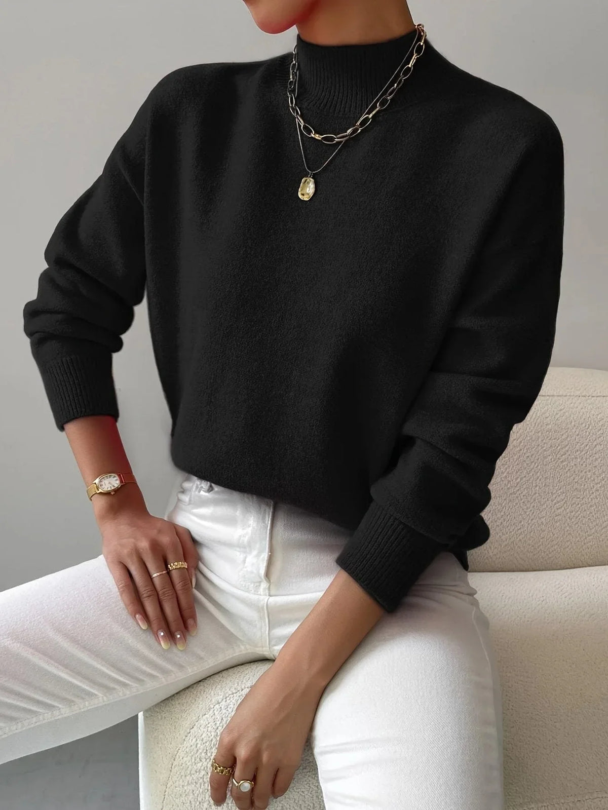 Women's ribbed knit sweater with roll neck and ribbed cuffs – Black