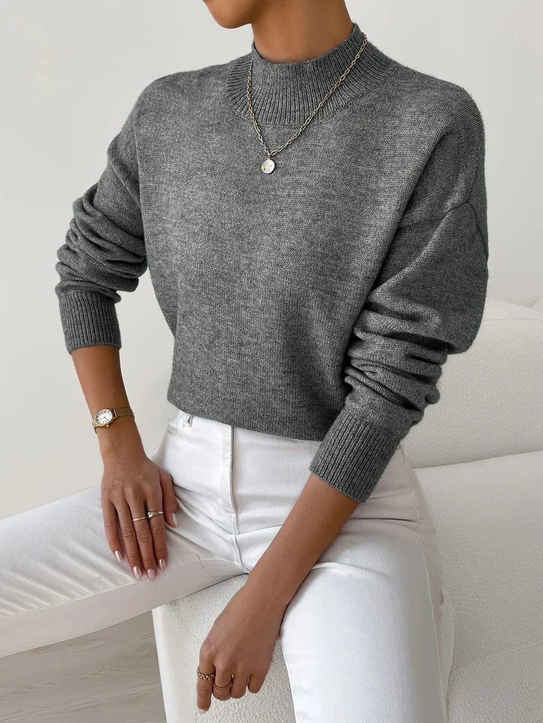Women's ribbed knit sweater with roll neck and ribbed cuffs – Dark Gray