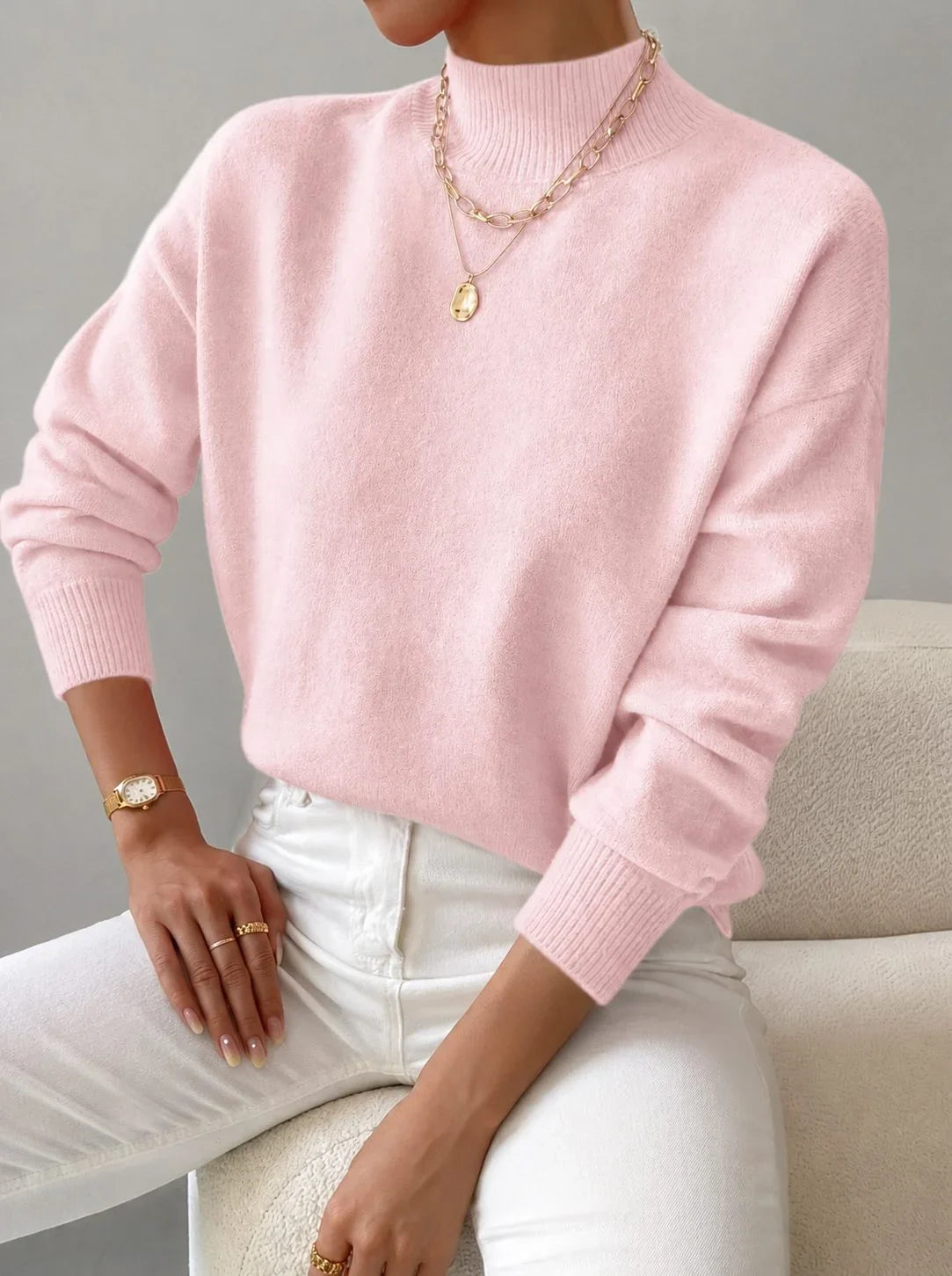 Women's ribbed knit sweater with roll neck and ribbed cuffs – Light Pink