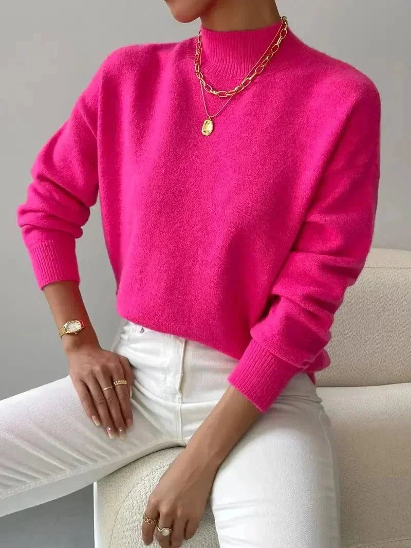 Women's ribbed knit sweater with roll neck and ribbed cuffs – Pink