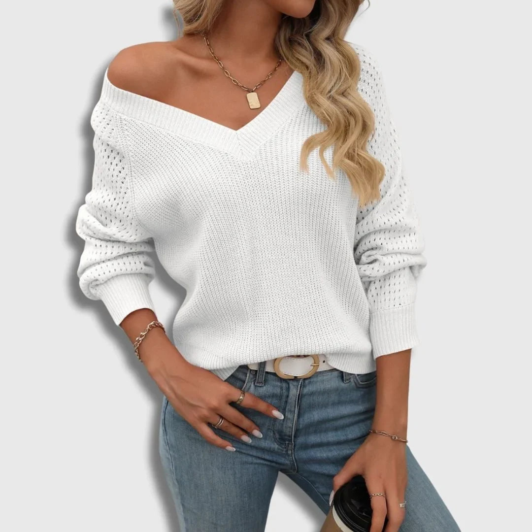 Women's ribbed knit V-neck sweater with open lace sleeves