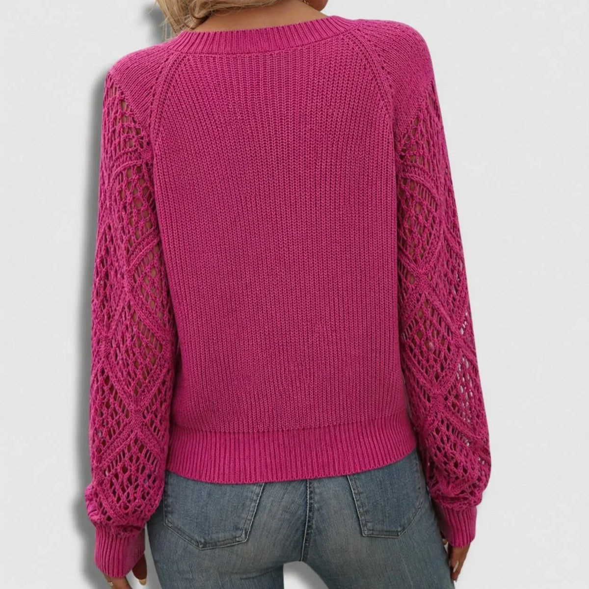Women's ribbed knit V-neck sweater with open lace sleeves