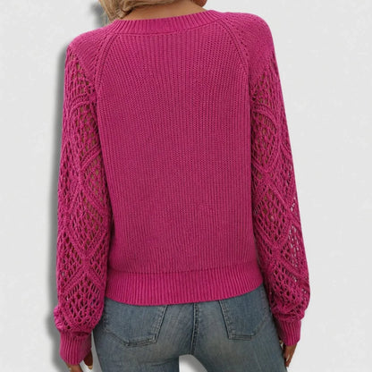 Women's ribbed knit V-neck sweater with open lace sleeves