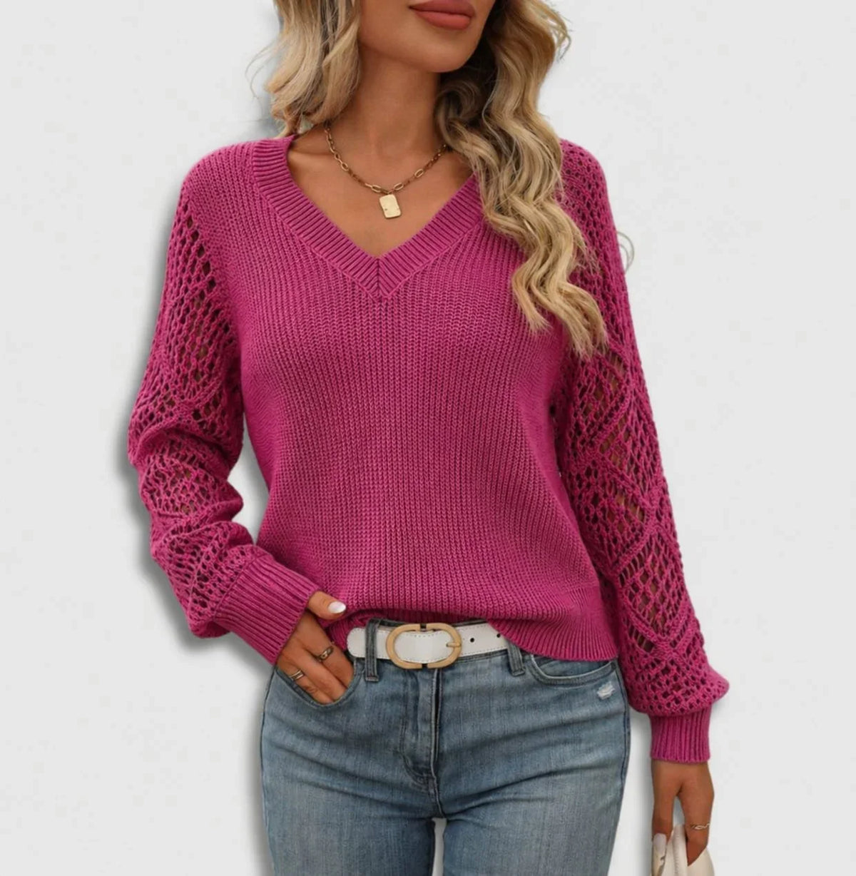 Women's ribbed knit V-neck sweater with open lace sleeves – Pink
