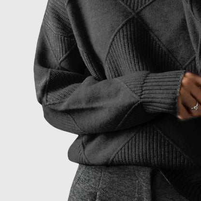 Women's ribbed knit turtleneck sweater with geometric pattern