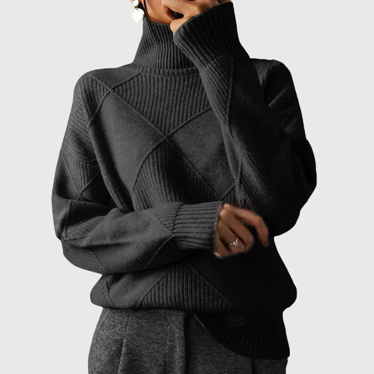 Women's ribbed knit turtleneck sweater with geometric pattern – Black