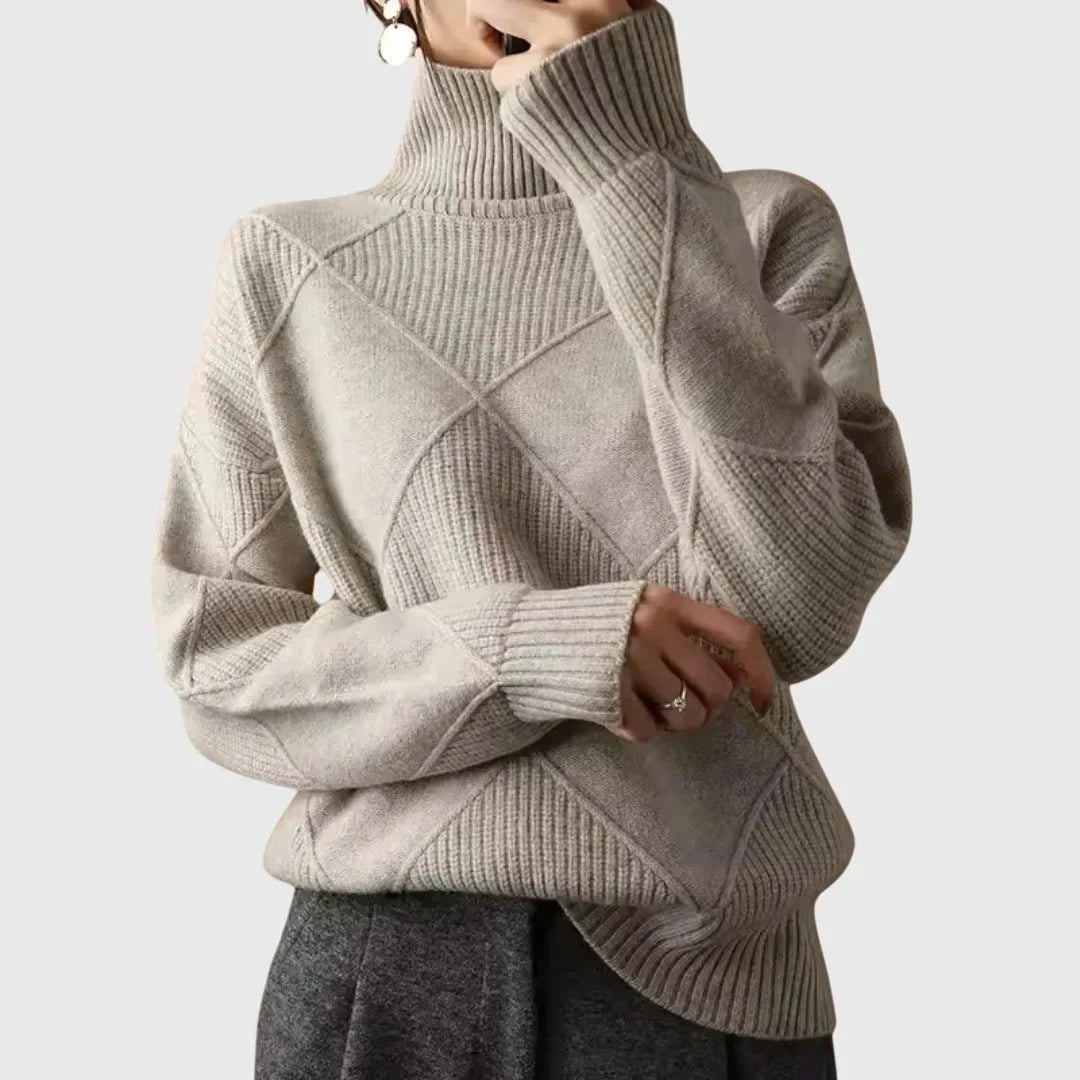 Women's ribbed knit turtleneck sweater with geometric pattern – Gray