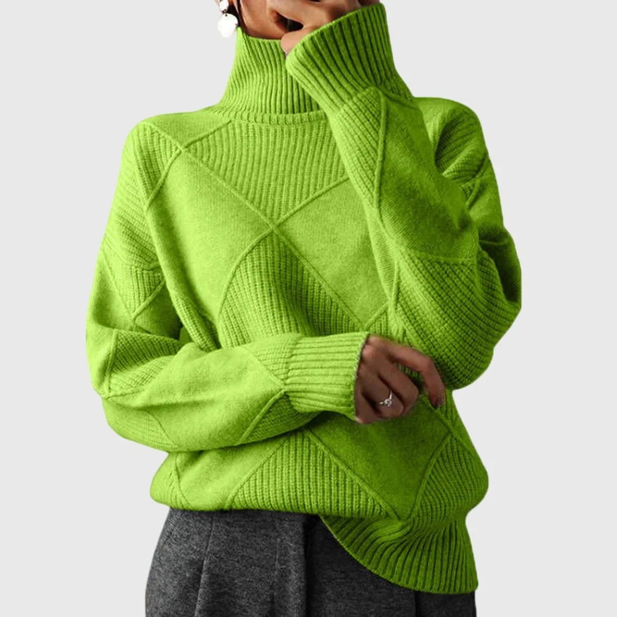 Women's ribbed knit turtleneck sweater with geometric pattern – Green