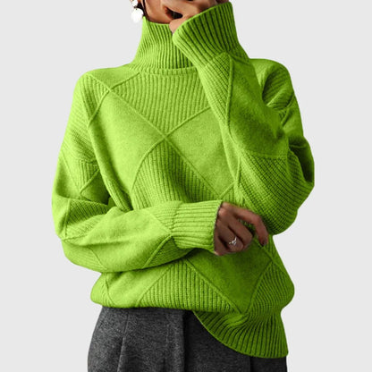 Women's ribbed knit turtleneck sweater with geometric pattern – Green