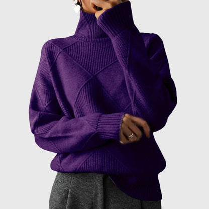 Women's ribbed knit turtleneck sweater with geometric pattern – Purple