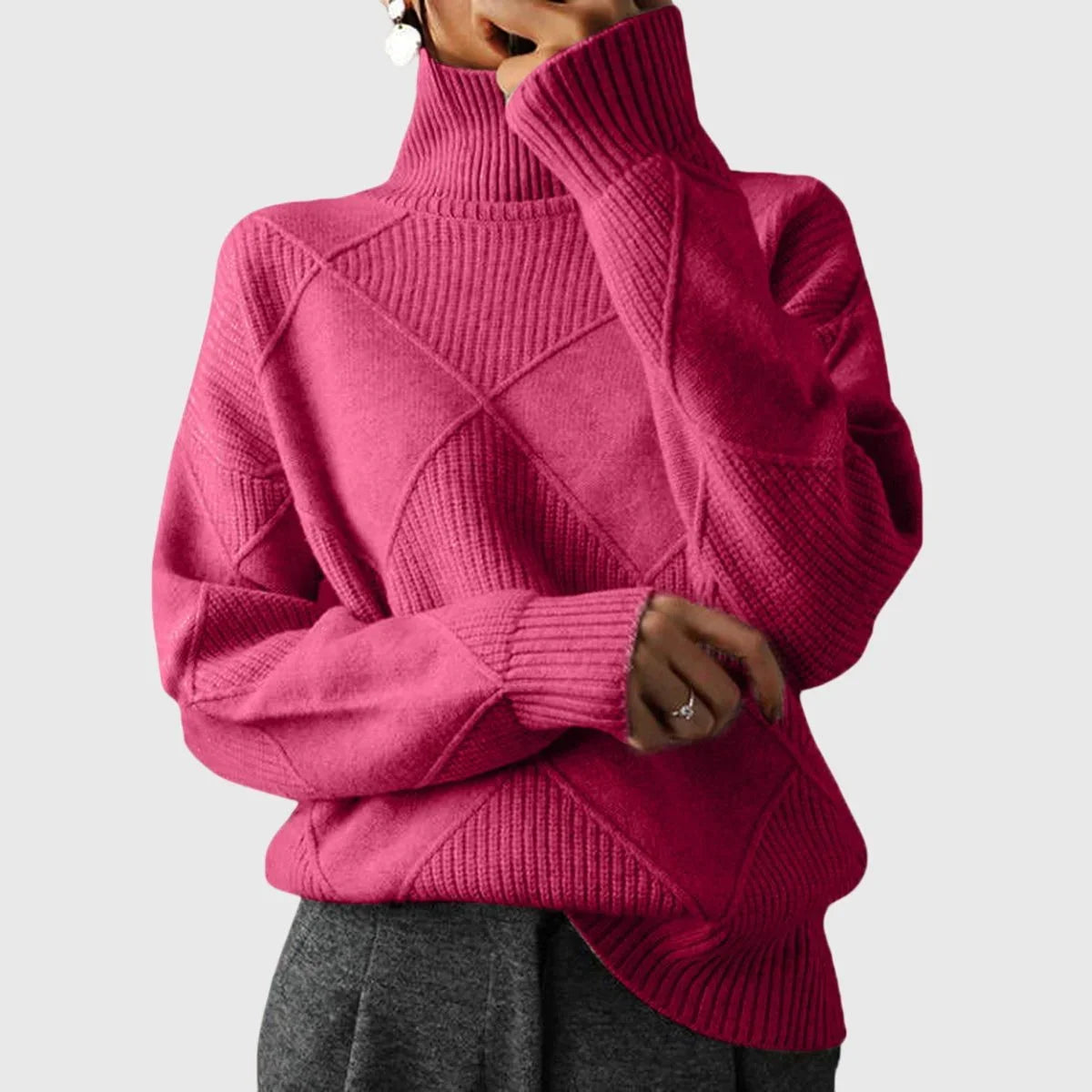 Women's ribbed knit turtleneck sweater with geometric pattern – Rose