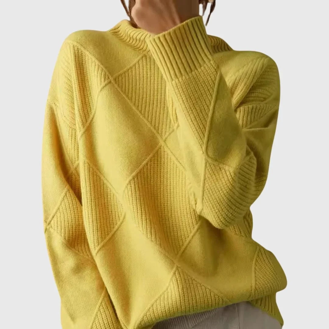 Women's ribbed knit turtleneck sweater with geometric pattern – Yellow