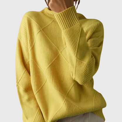 Women's ribbed knit turtleneck sweater with geometric pattern – Yellow