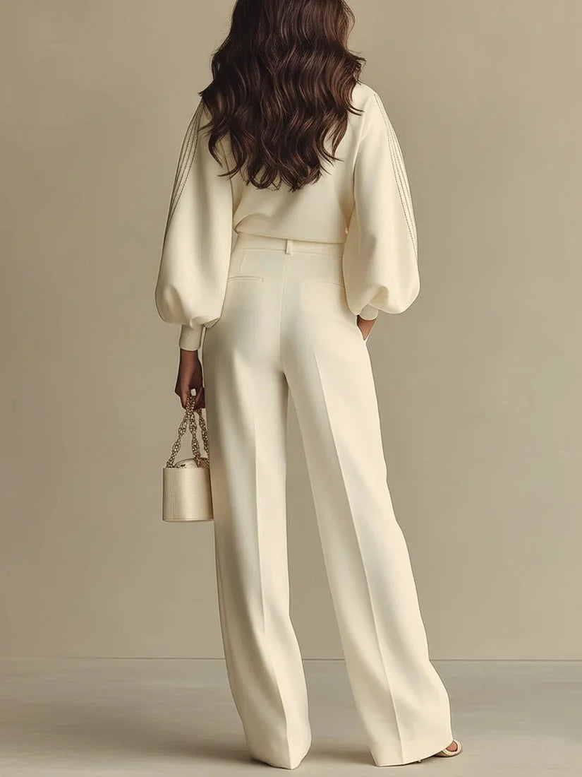 Women's ribbed knit top and wide-leg pants two-piece set – Ivory