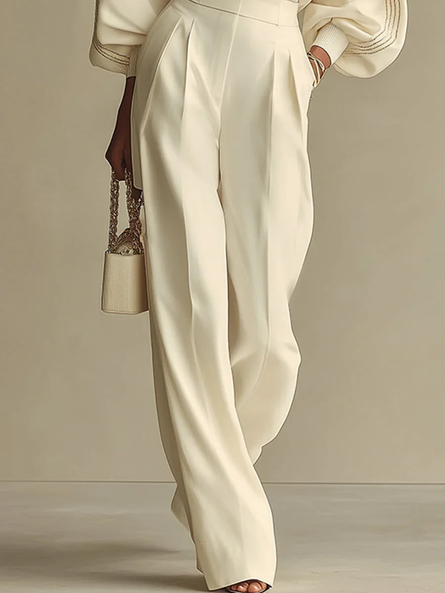 Women's ribbed knit top and wide-leg pants two-piece set – Ivory