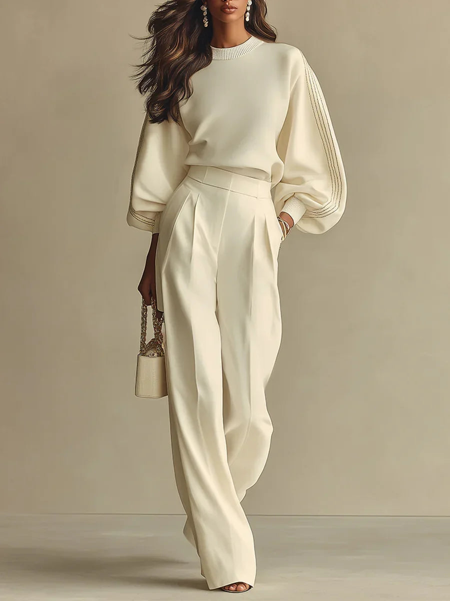 Women's ribbed knit top and wide-leg pants two-piece set – Ivory