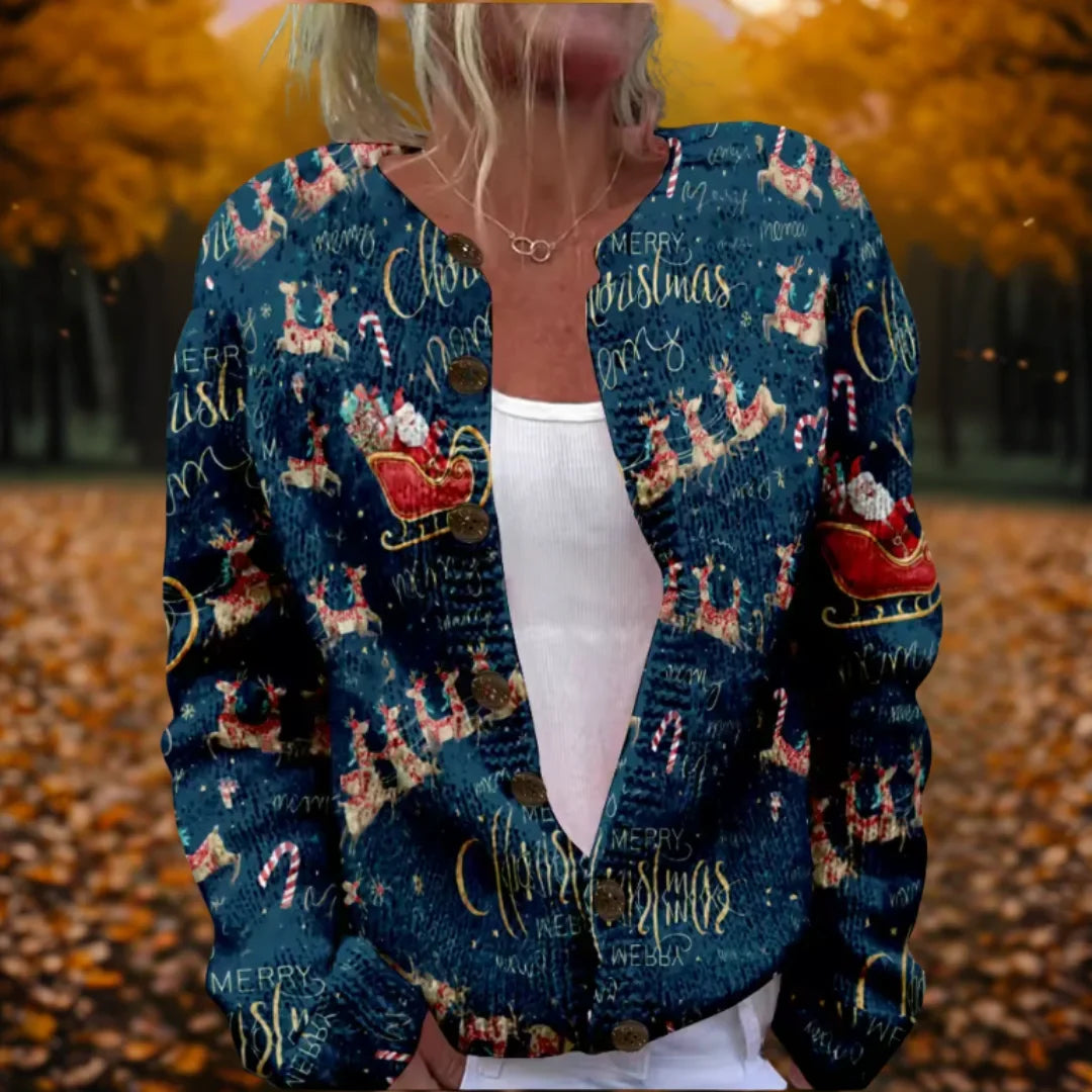 Women's festive novelty print knit cardigan with open front – MultiColour