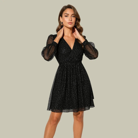 Women's sequin mini dress with wrap V-neck and sheer sleeves – Black