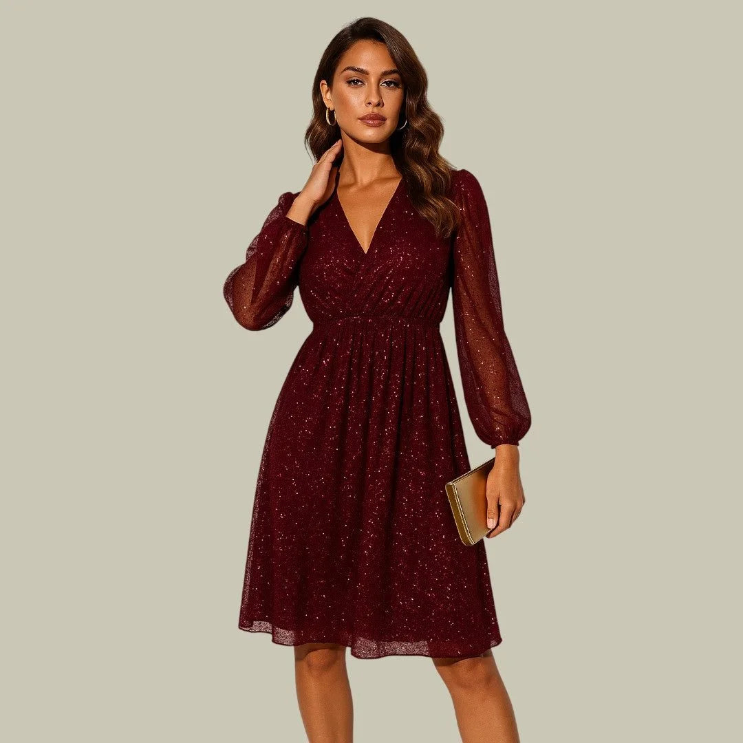 Women's sequin mini dress with wrap V-neck and sheer sleeves – Red