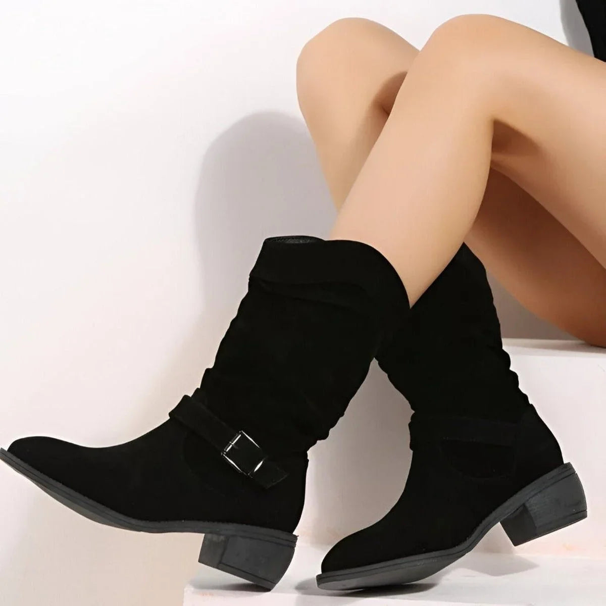 Women's slouchy faux suede mid-calf boots with button strap