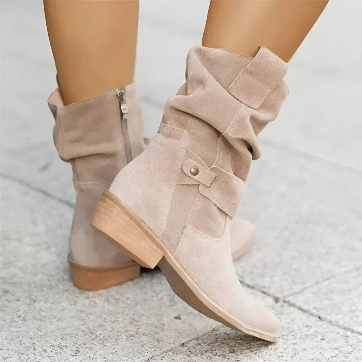 Women's slouchy faux suede mid-calf boots with button strap – Beige