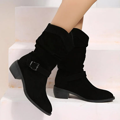 Women's slouchy faux suede mid-calf boots with button strap – Black