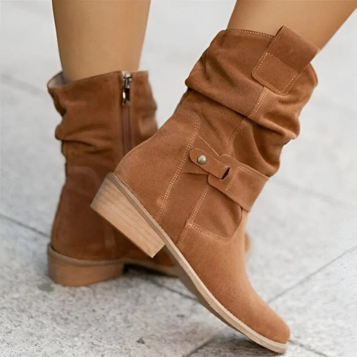 Women's slouchy faux suede mid-calf boots with button strap – Brown