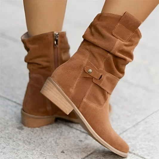 Women's slouchy faux suede mid-calf boots with button strap – Brown