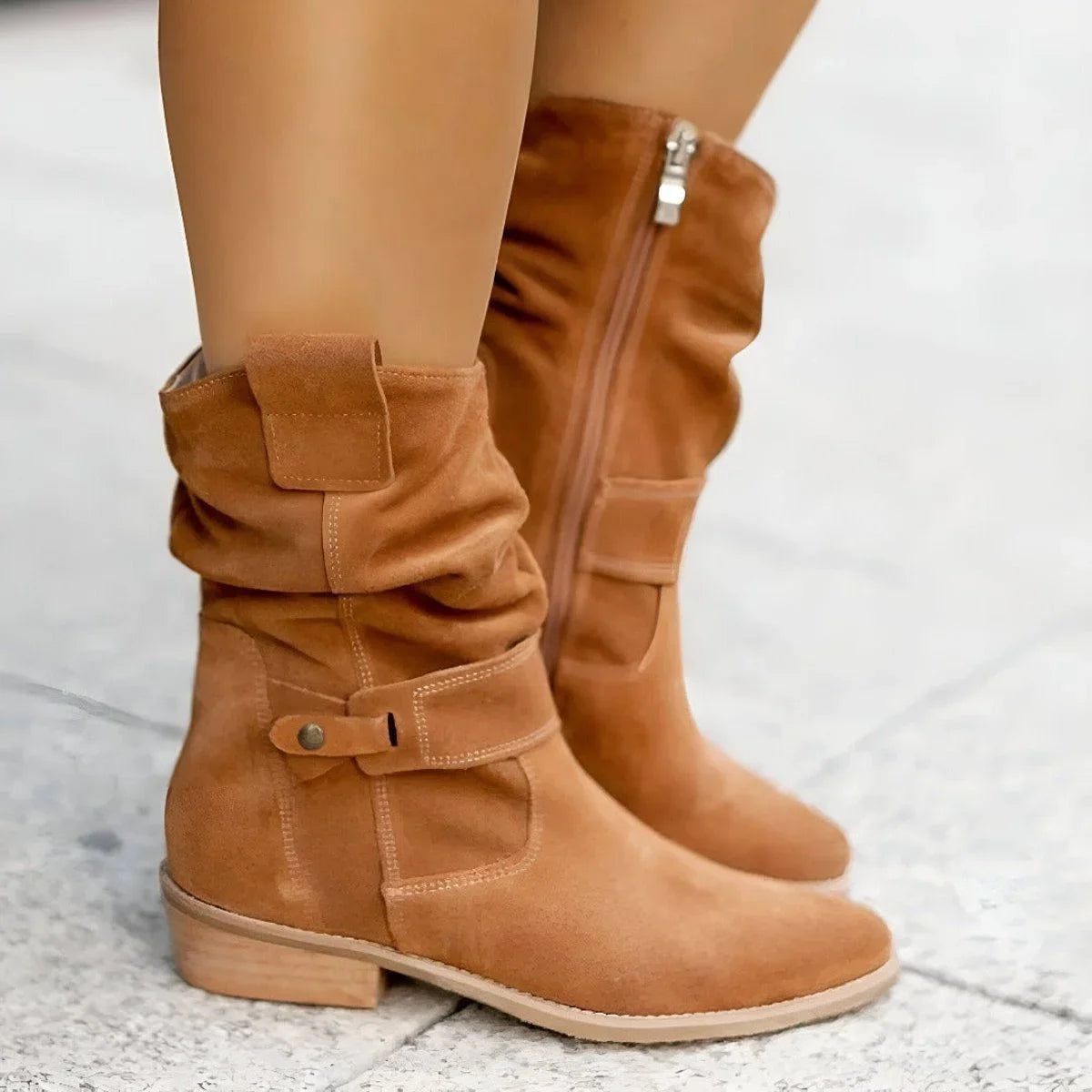 Women's slouchy faux suede mid-calf boots with button strap