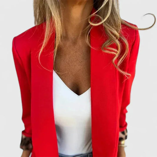 Women's open-front notch lapel blazer with leopard print cuffs