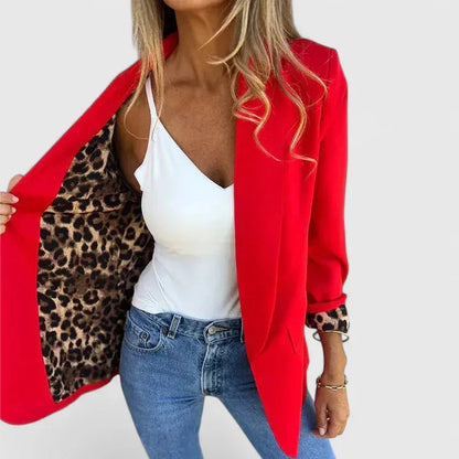 Women's open-front notch lapel blazer with leopard print cuffs