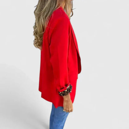 Women's open-front notch lapel blazer with leopard print cuffs