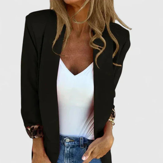 Women's open-front notch lapel blazer with leopard print cuffs – Black