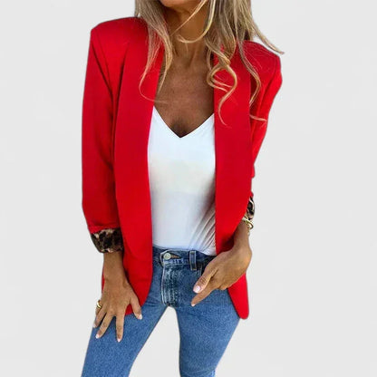 Women's open-front notch lapel blazer with leopard print cuffs – Red