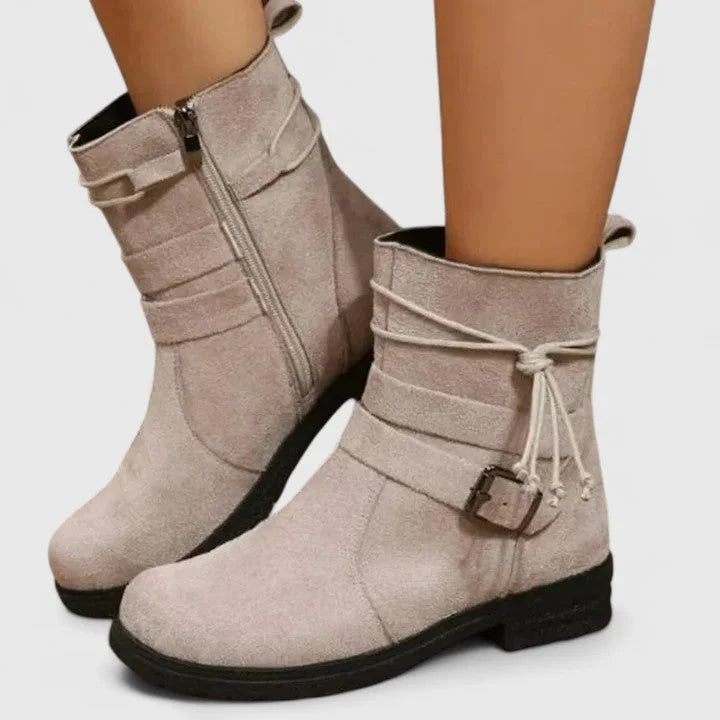 Women's suede side zip ankle boots with decorative laces – Beige