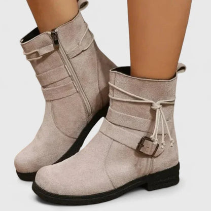 Women's suede side zip ankle boots with decorative laces – Beige