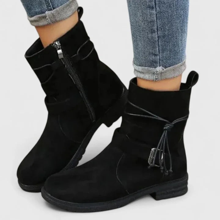 Women's suede side zip ankle boots with decorative laces – Black