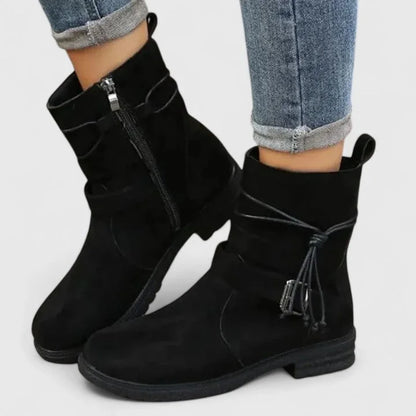 Women's suede side zip ankle boots with decorative laces – Black
