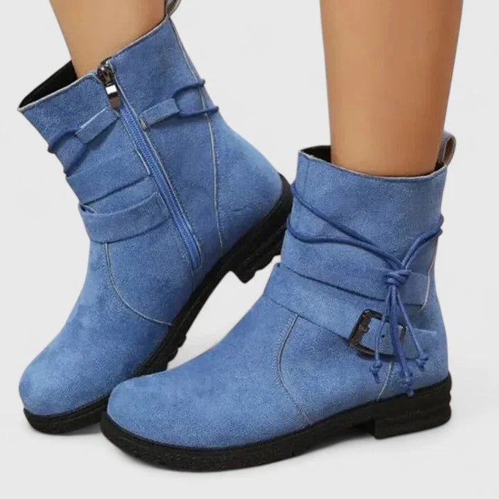 Women's suede side zip ankle boots with decorative laces – Blue