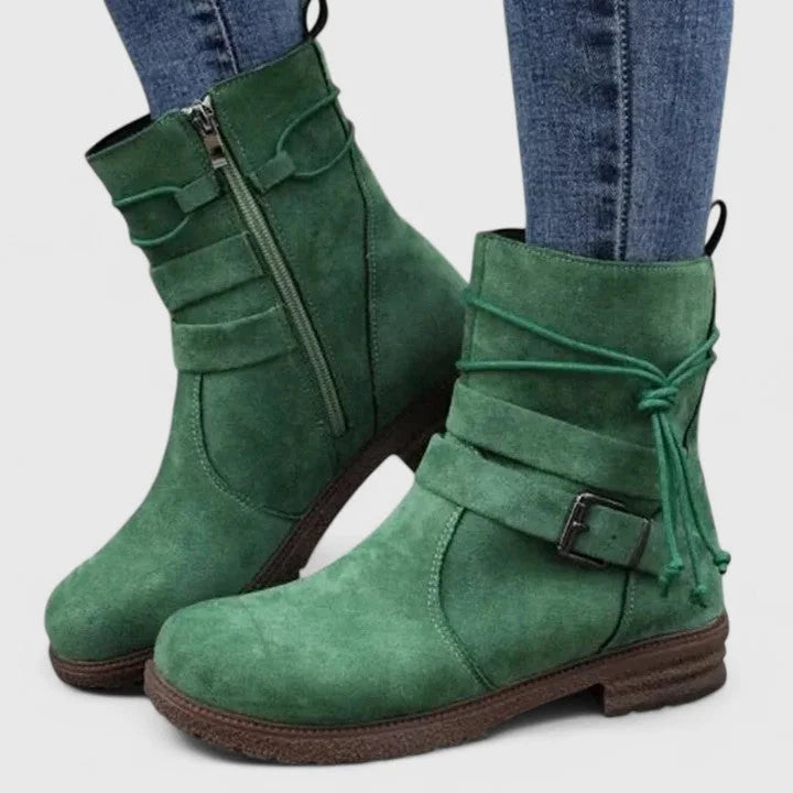 Women's suede side zip ankle boots with decorative laces – Green