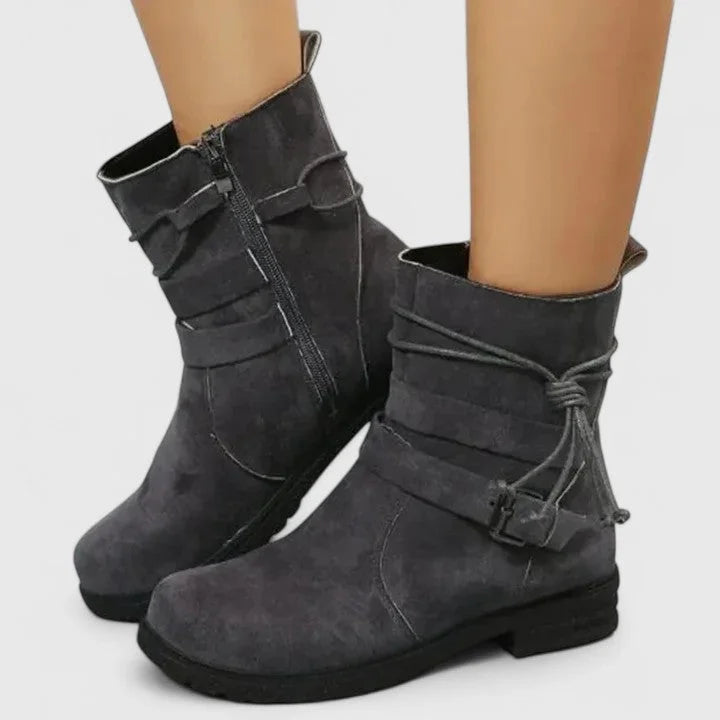 Women's suede side zip ankle boots with decorative laces – Grey