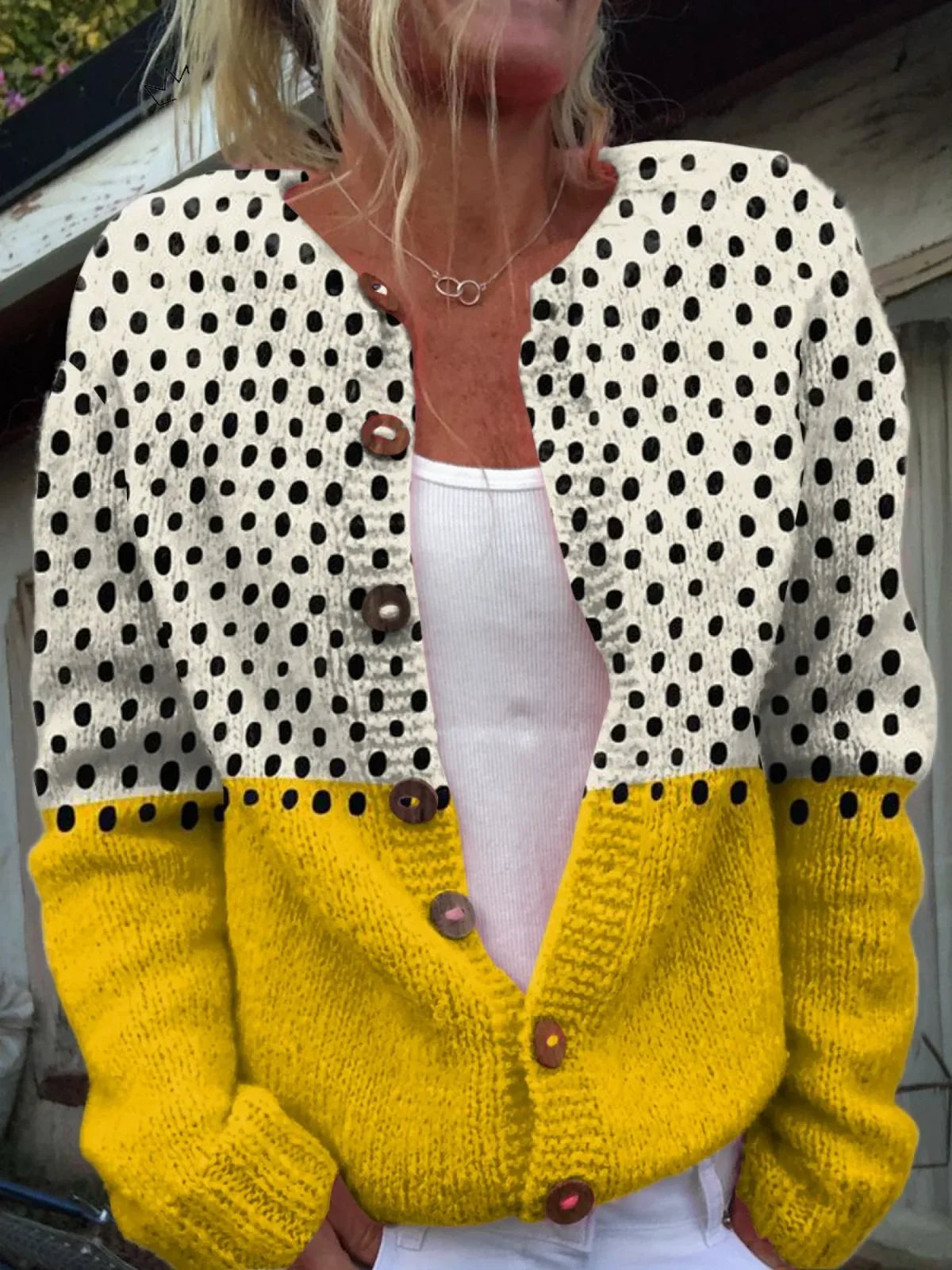 Women's polka dot knit button-front cardigan with colourblock wooden – Multi-Coloured