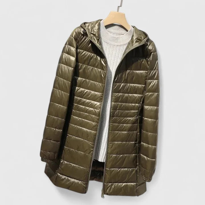 Women's quilted zip-up hood puffer coat with shiny finish – Army Green